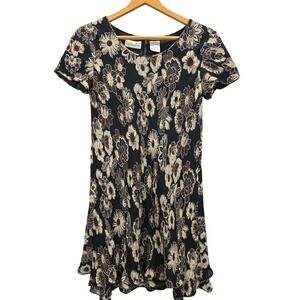 Liz Claiborne 90s Vintage Dress Size 4 Black Floral Short Sleeve Cottagecore Y2K